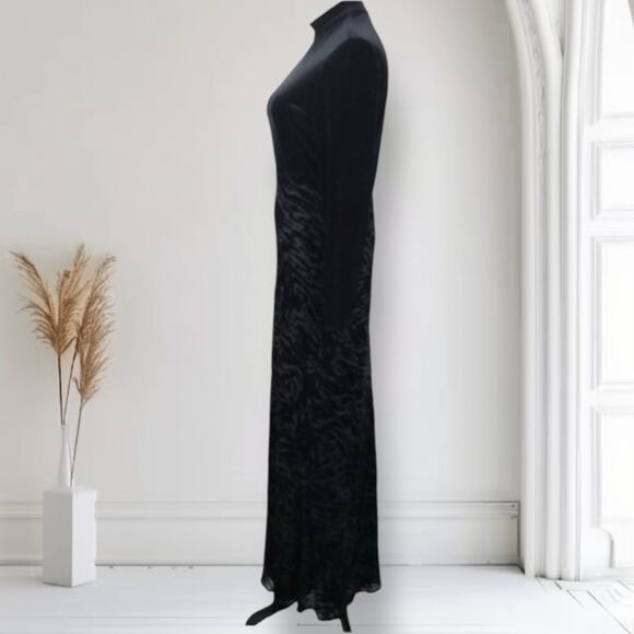 Vintage 90s Black Velvet Burnout Maxi Dress Mock Neck Animal Print Size 12 - Picture 10 of 12